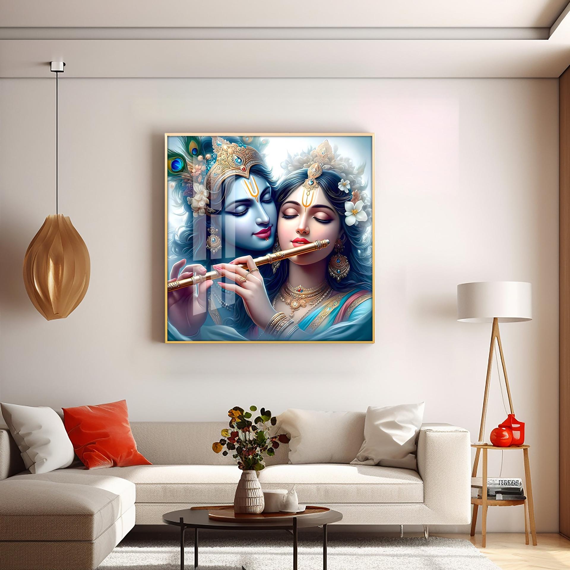 Radha Krishna With Flute Premium Acrylic Square Wall Art - Image 6