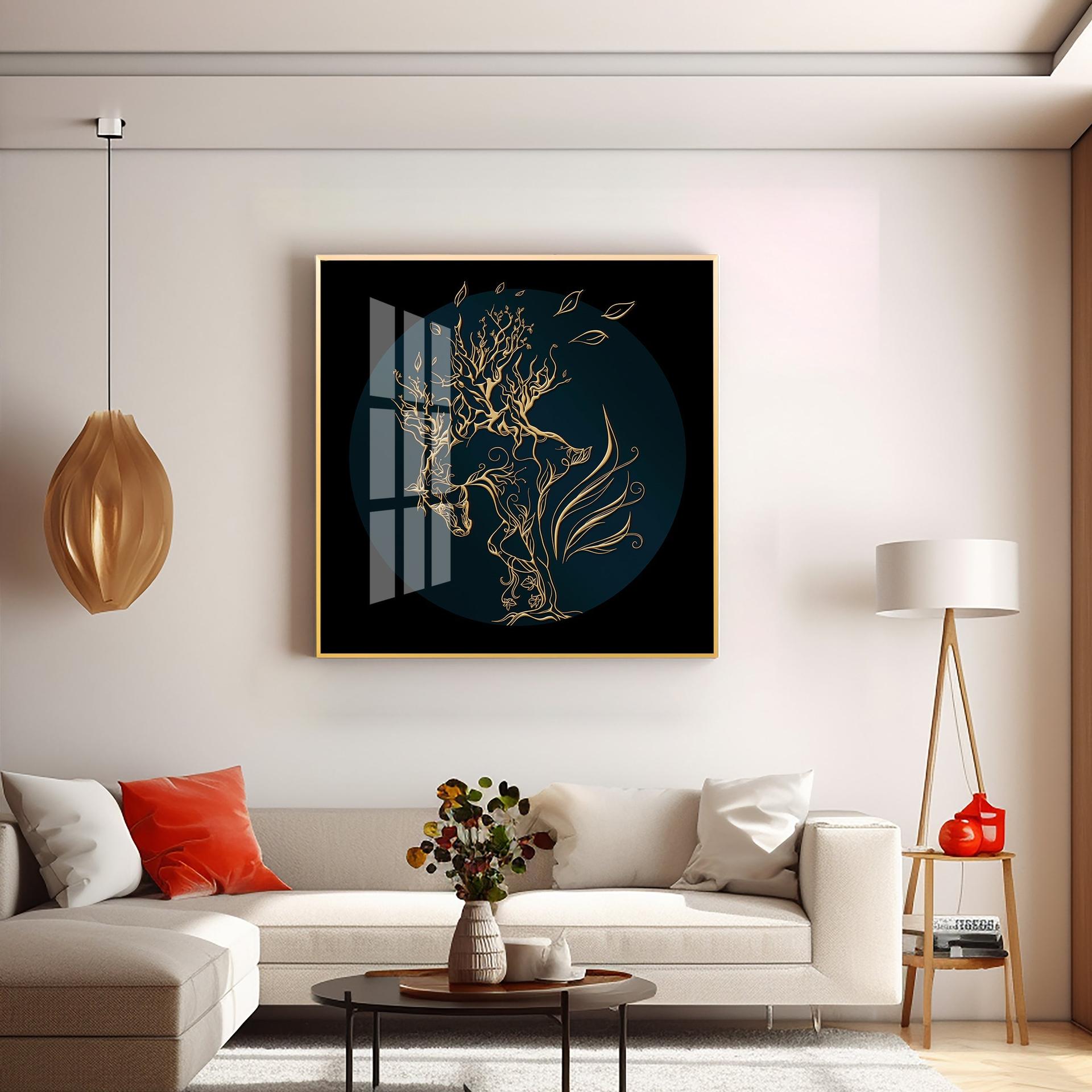 Golden Horse Lines Abstract Premium Acrylic Square Wall Art - Image 6