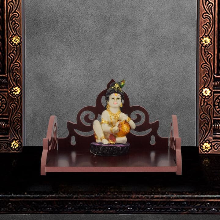 Wooden Mini Temple For Home And Office Wall Mounted, Hanging Pooja Mandir Decoration Shelf Cabinet For Temple Wooden Color