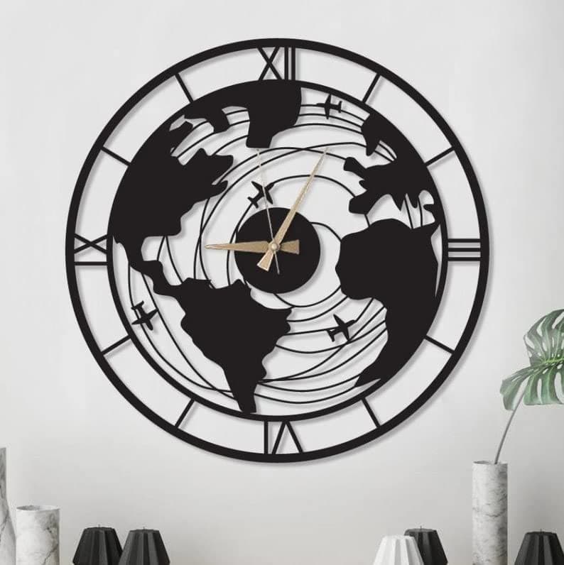 Double Ring World Map Metal Wall Clock