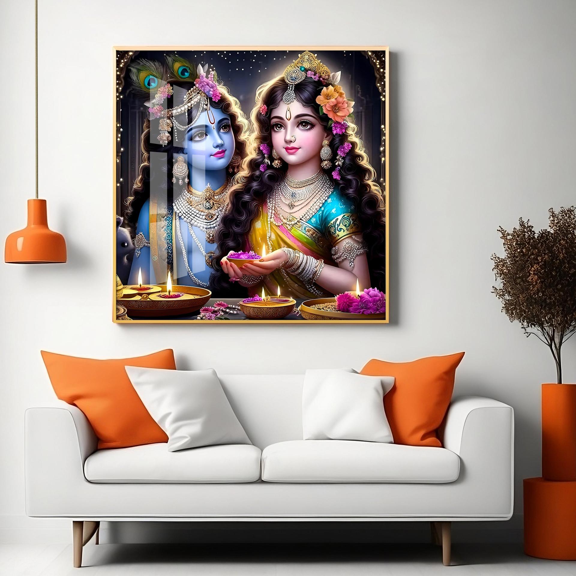 Glowing Krishna Radha Premium Acrylic Square Wall Art - Image 5