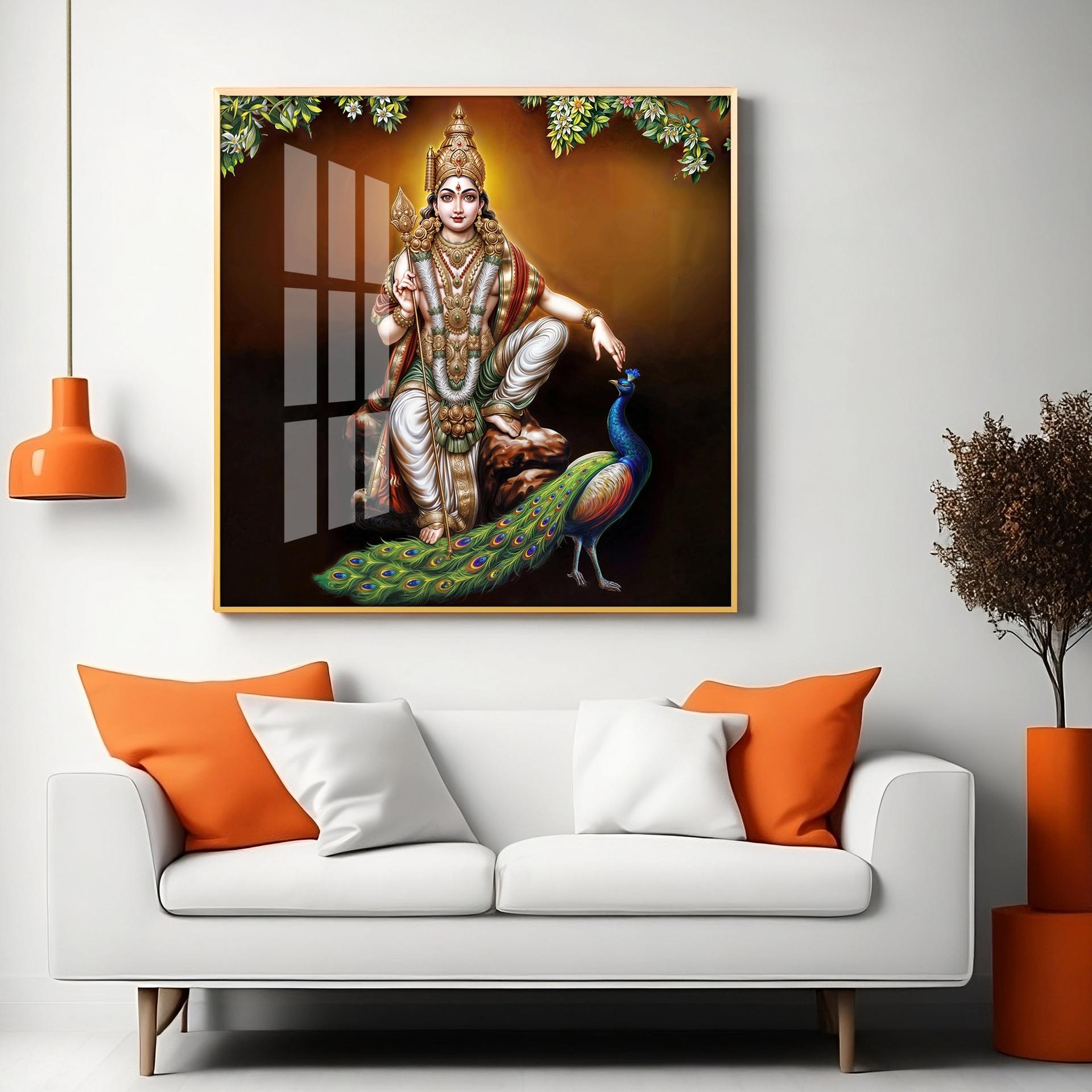 Lord Murugan With Peacock Premium Acrylic Square Wall Art - Image 7