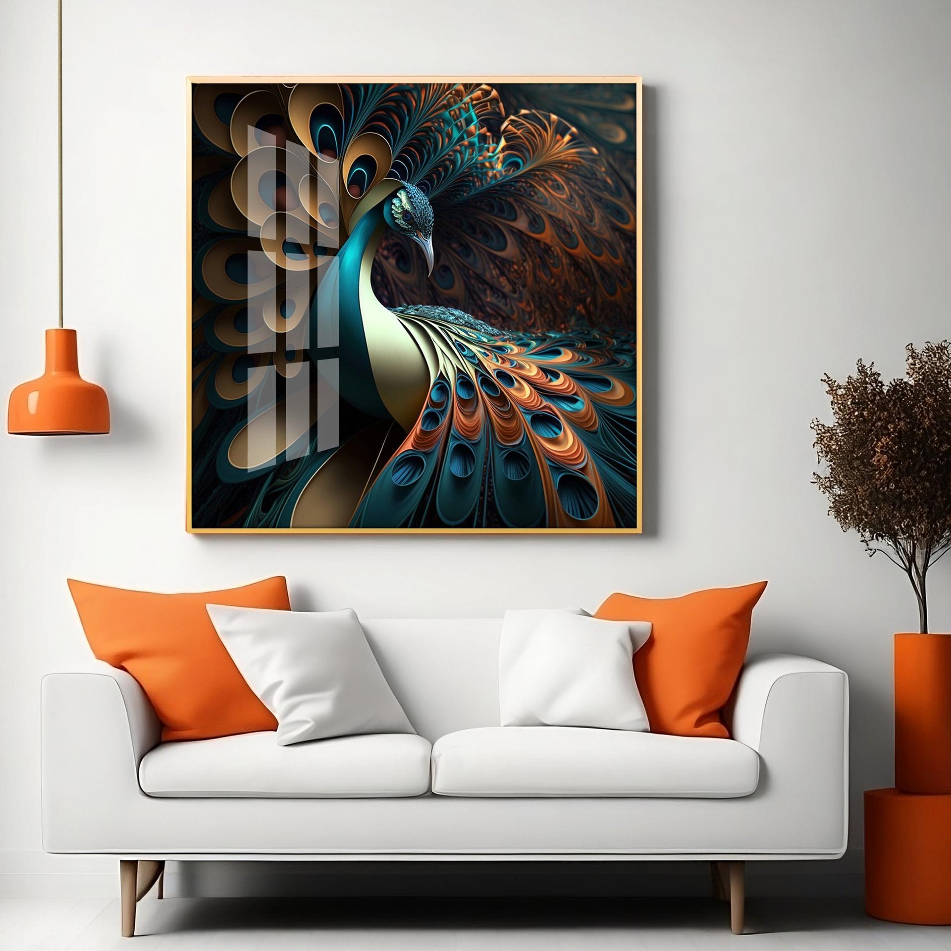 Peacock Is Shown With Large Feather Premium Acrylic Square Wall Art - Image 6