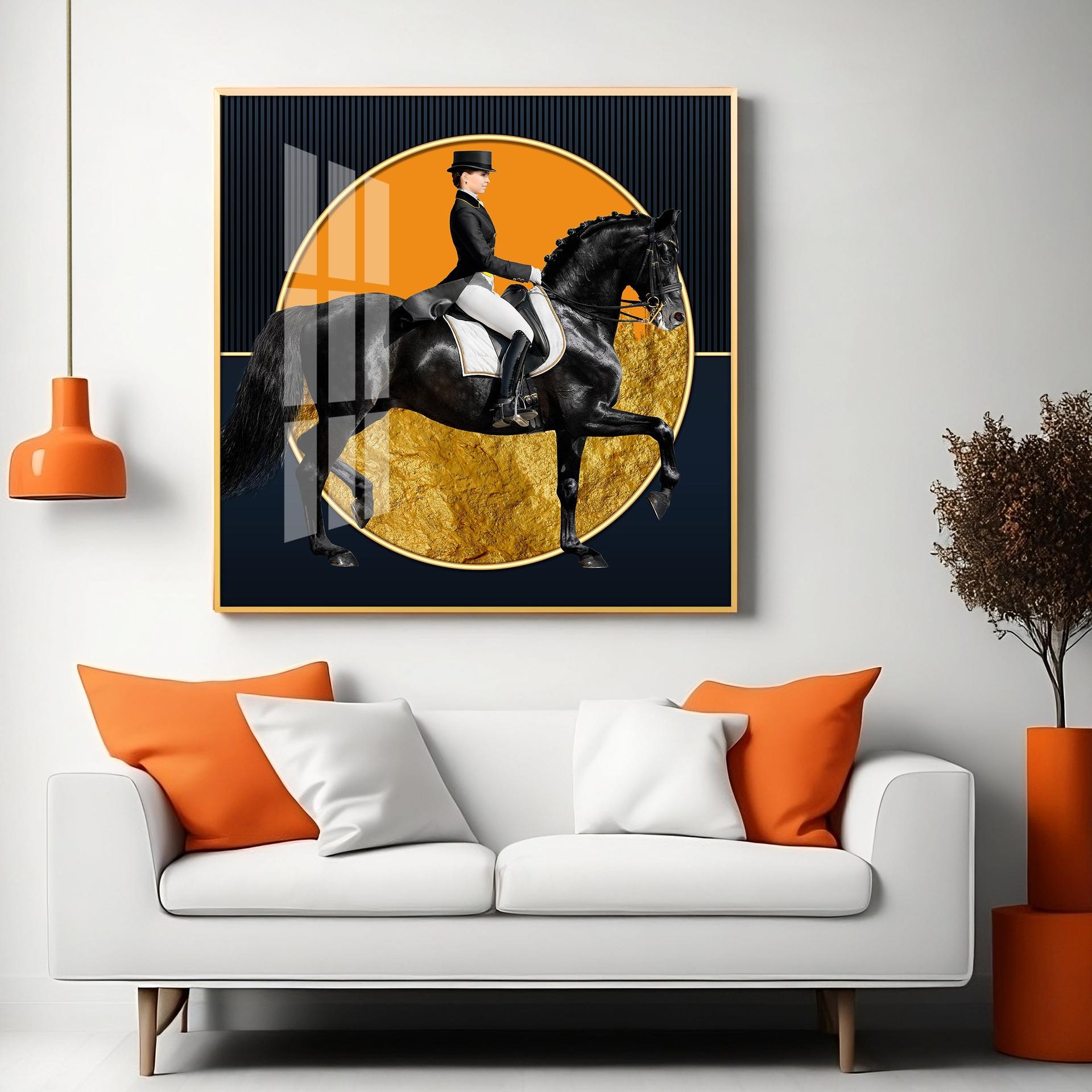 Man Riding On Black Horse Premium Acrylic Square Wall Art - Image 7