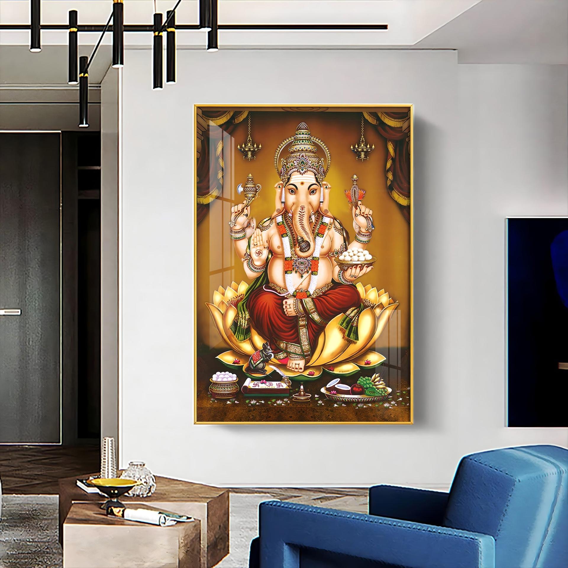 Lord Ganesha On Gold Lotus Premium Vertical Acrylic Wall Art - Image 6