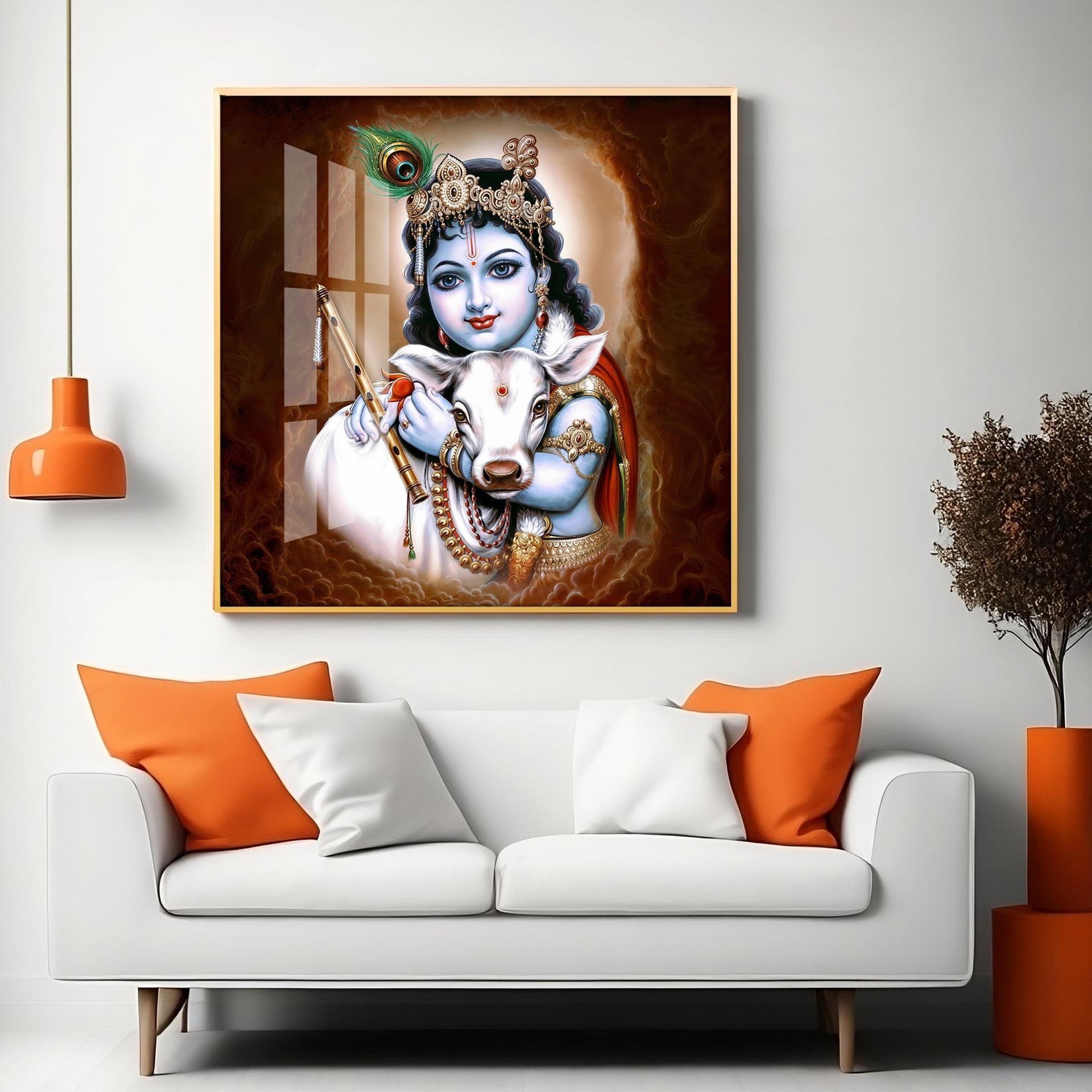 Krishna With Bansuri & Cow Premium Acrylic Horizontal Wall Art - Image 5
