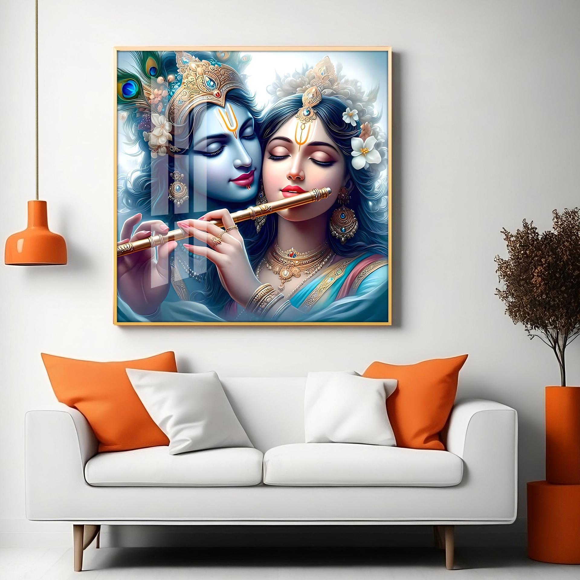 Radha Krishna With Flute Premium Acrylic Square Wall Art - Image 9