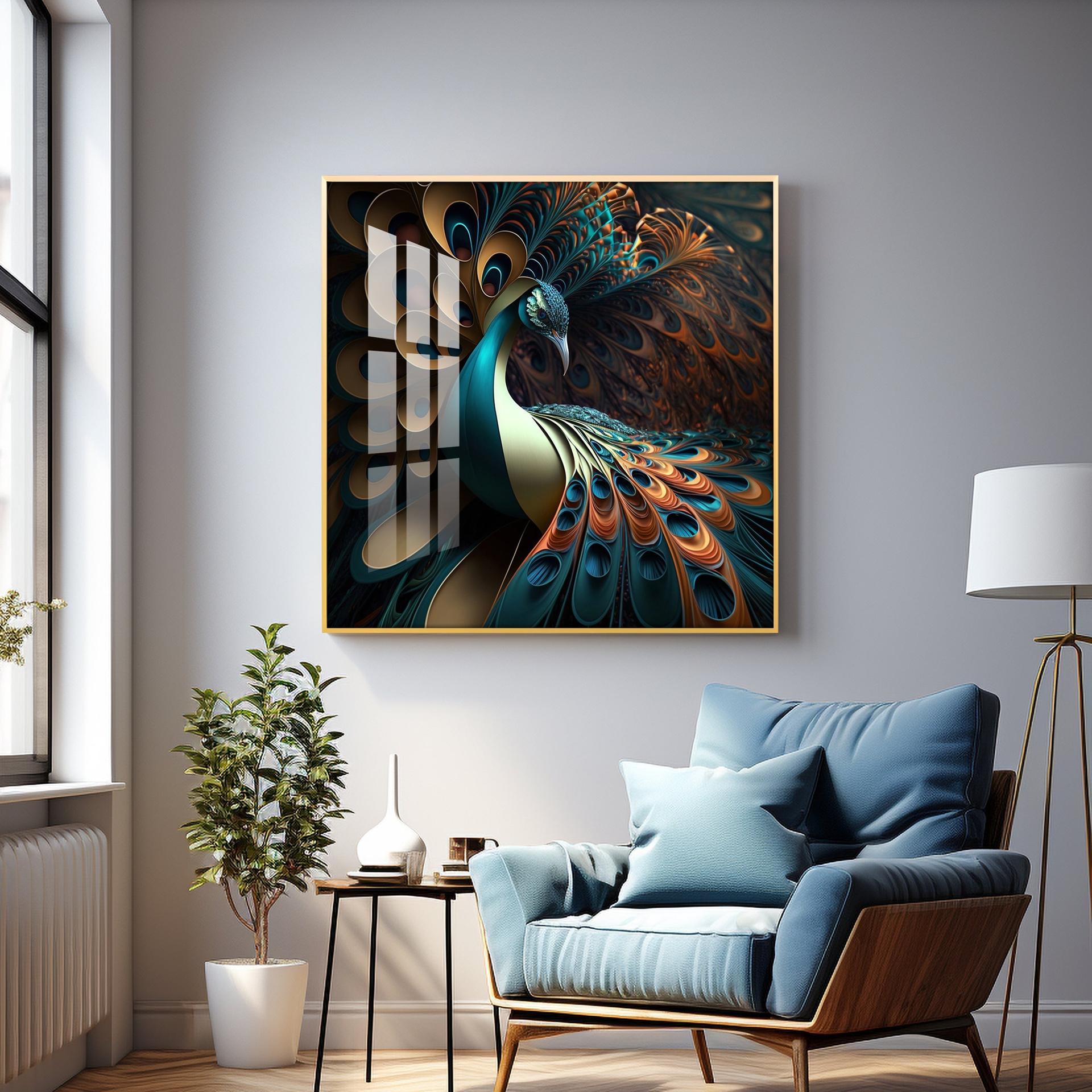 Peacock Is Shown With Large Feather Premium Acrylic Square Wall Art - Image 7