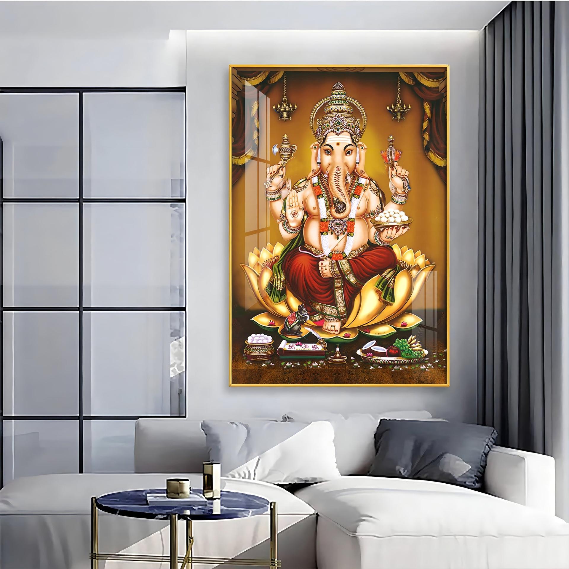 Lord Ganesha On Gold Lotus Premium Vertical Acrylic Wall Art - Image 17