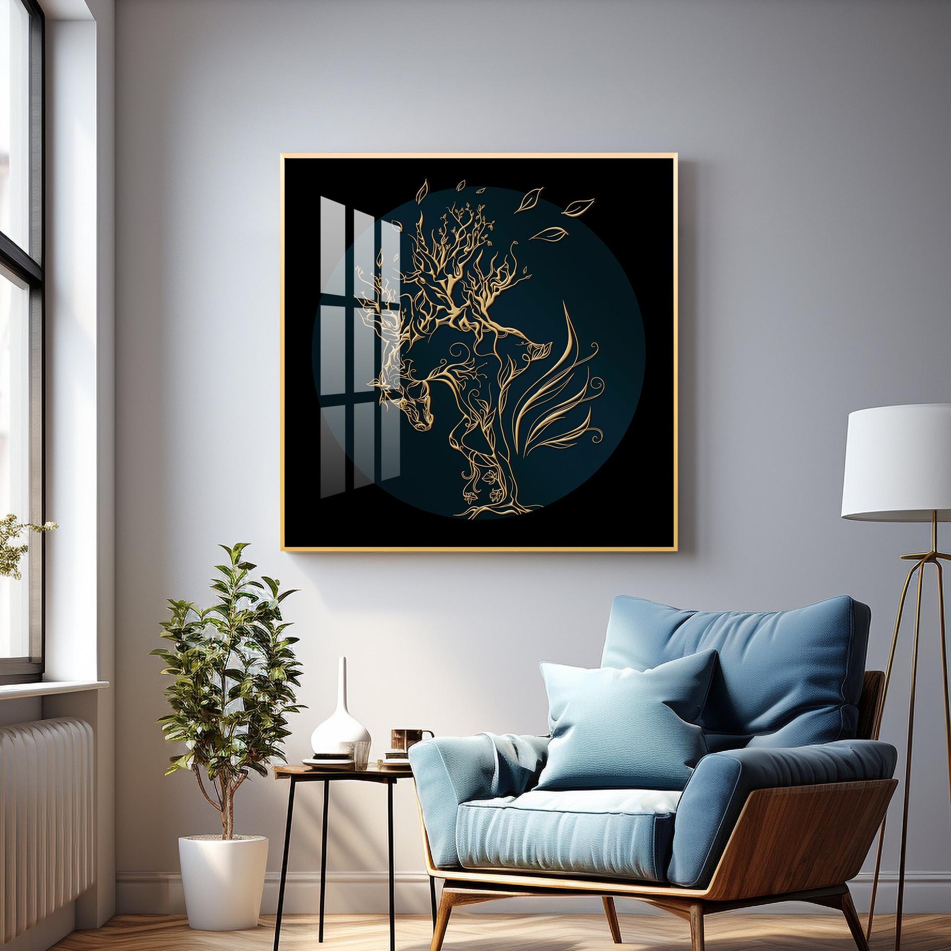 Golden Horse Lines Abstract Premium Acrylic Square Wall Art - Image 7