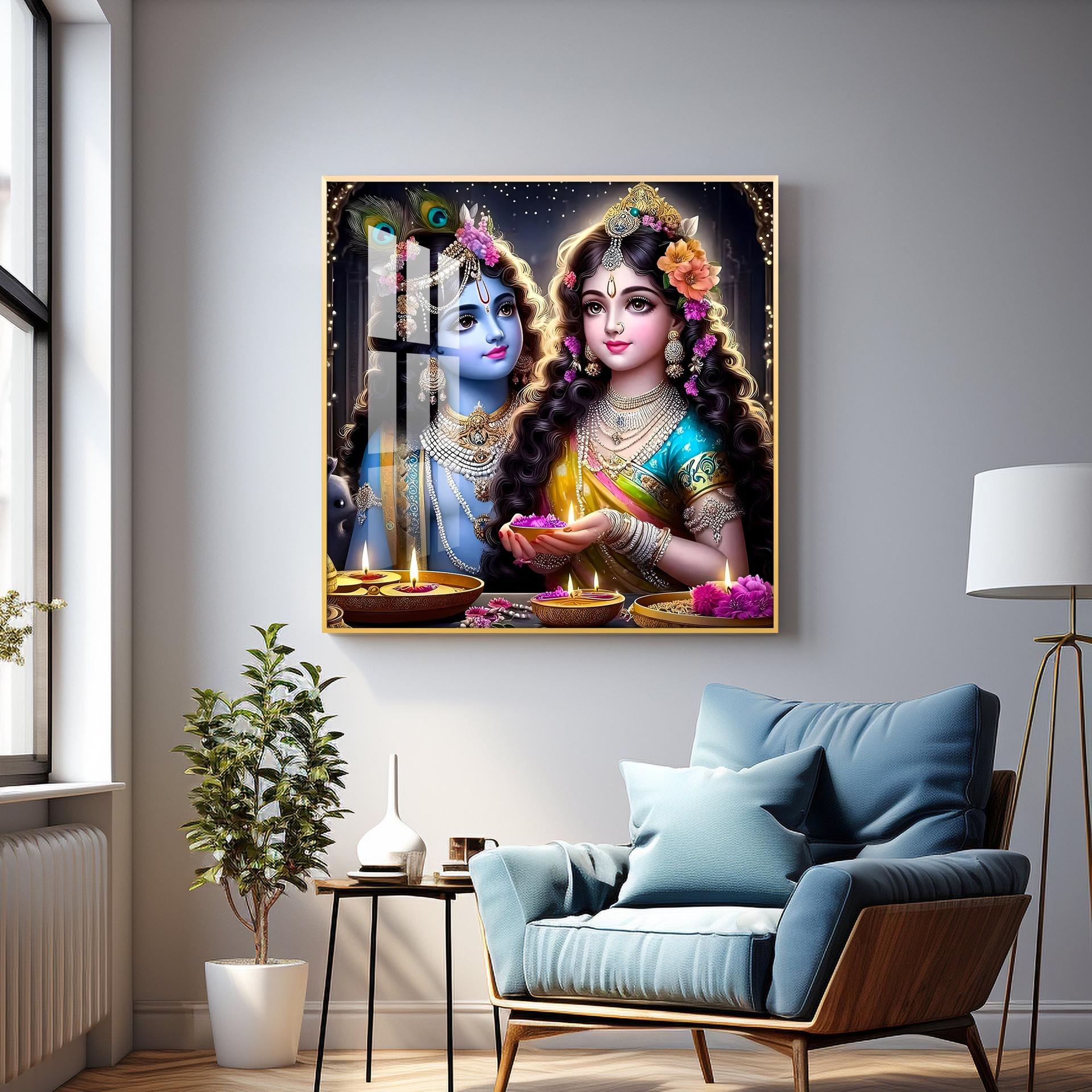 Glowing Krishna Radha Premium Acrylic Square Wall Art - Image 13