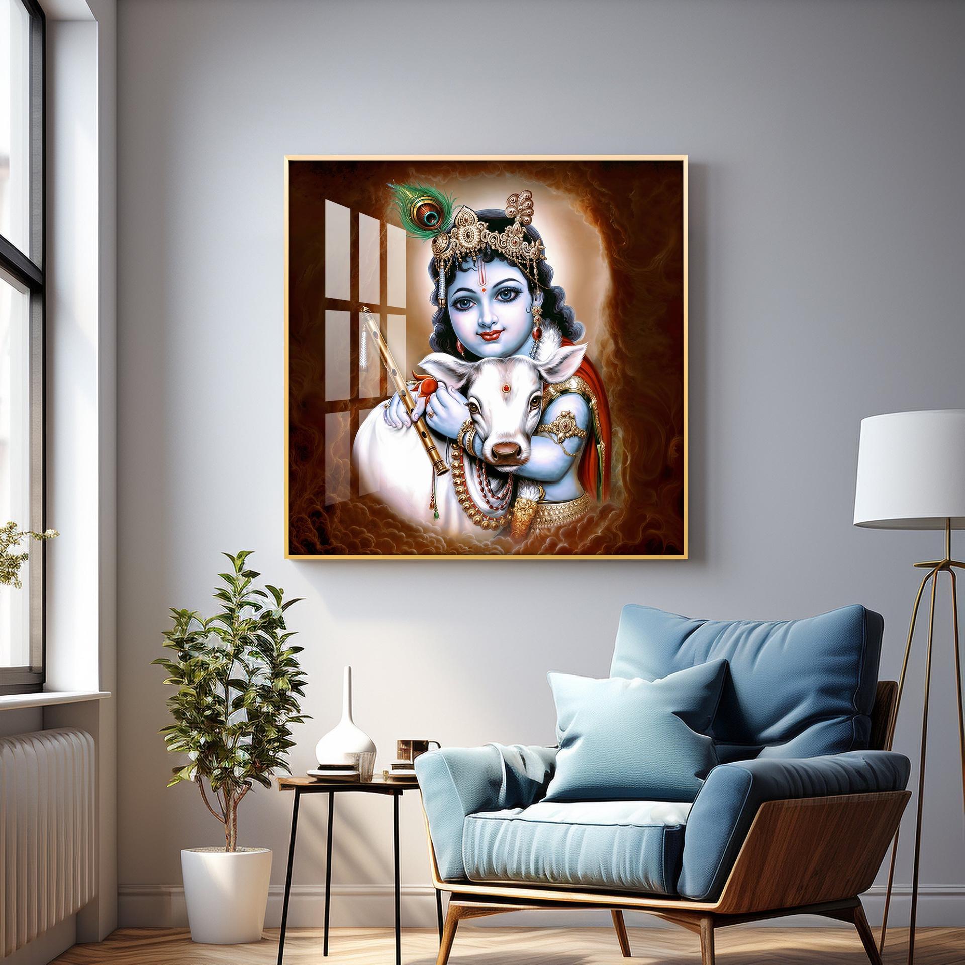Krishna With Bansuri & Cow Premium Acrylic Horizontal Wall Art - Image 6