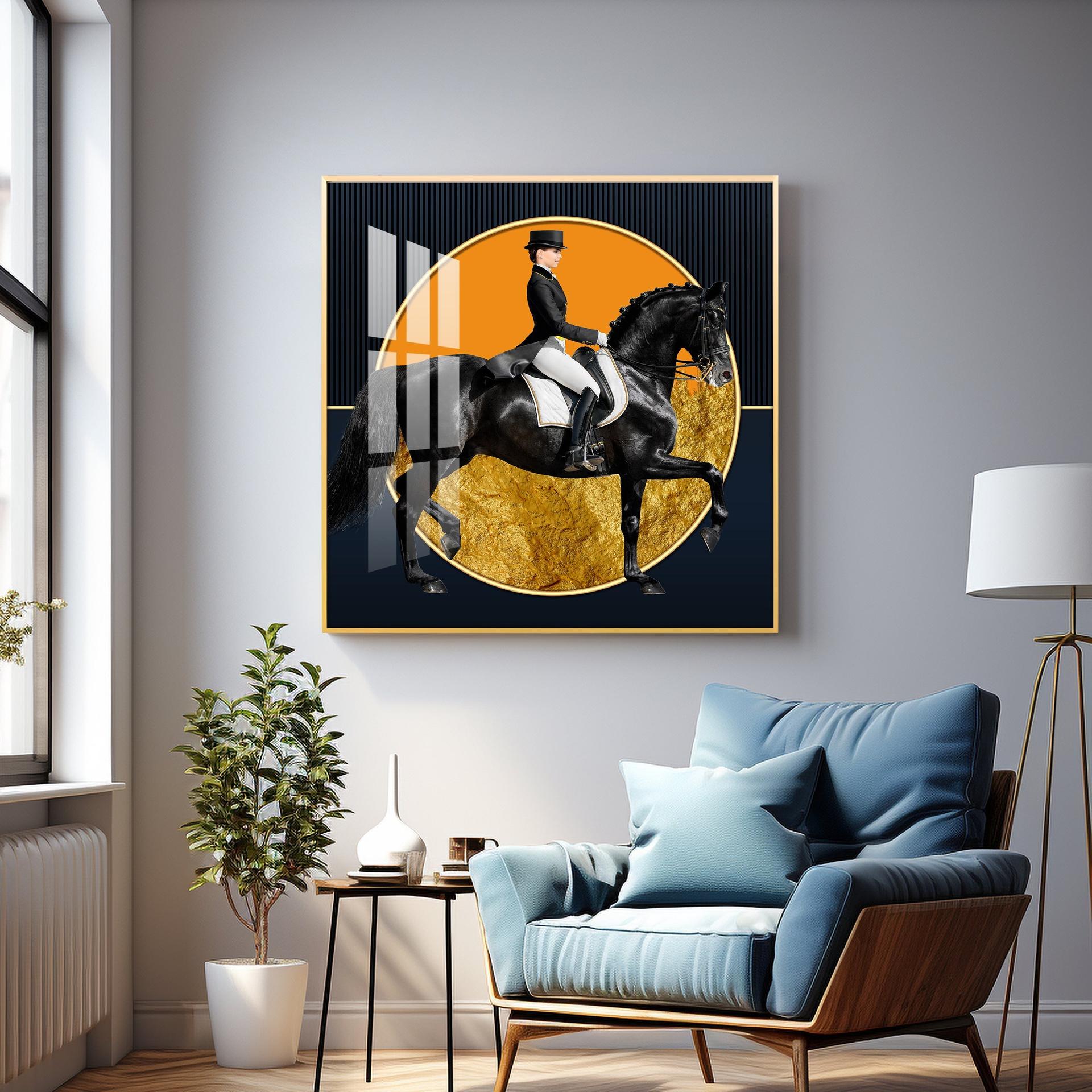 Man Riding On Black Horse Premium Acrylic Square Wall Art - Image 8