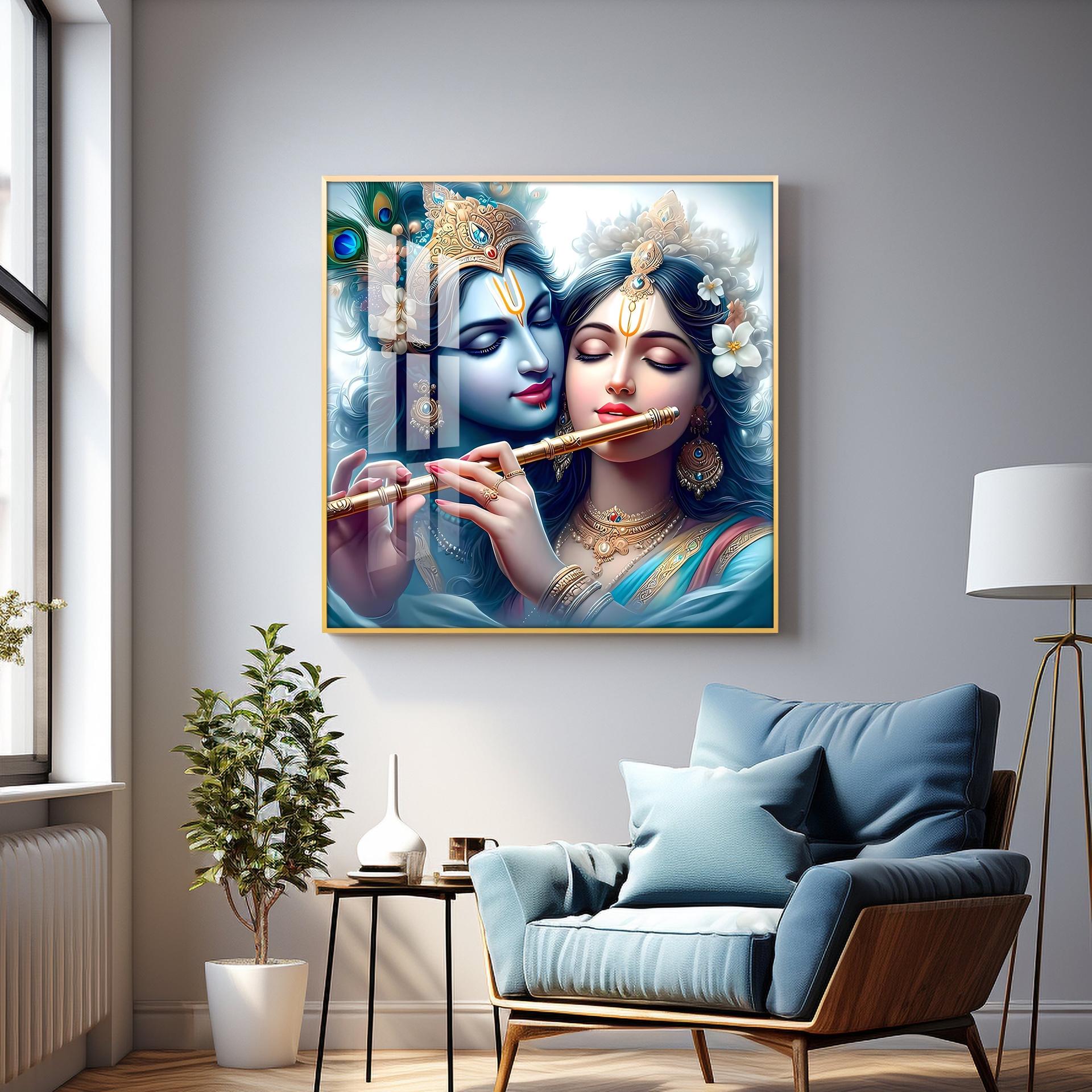 Radha Krishna With Flute Premium Acrylic Square Wall Art - Image 13
