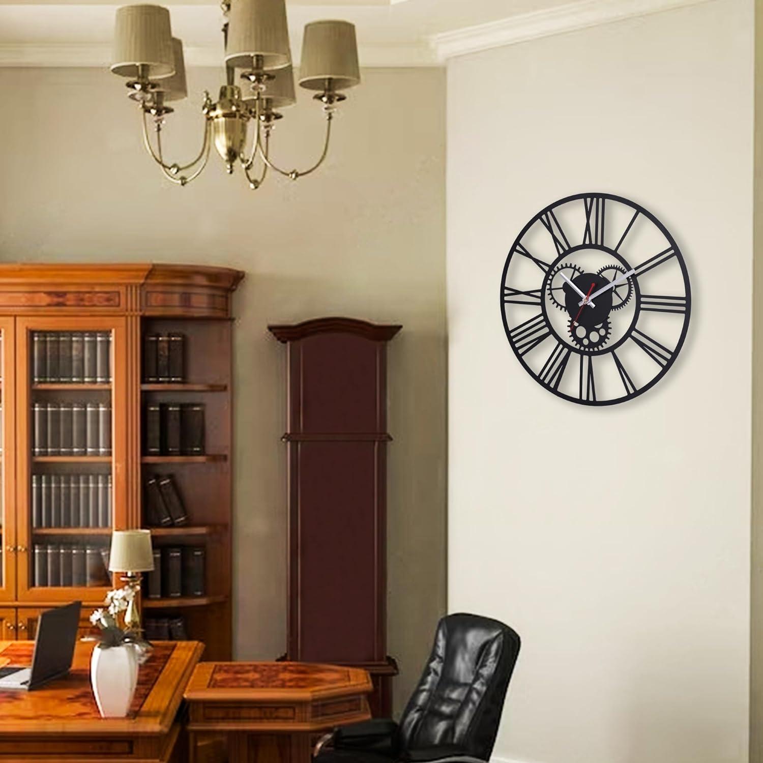 Roman Mechanic Black Metal Wall Clock