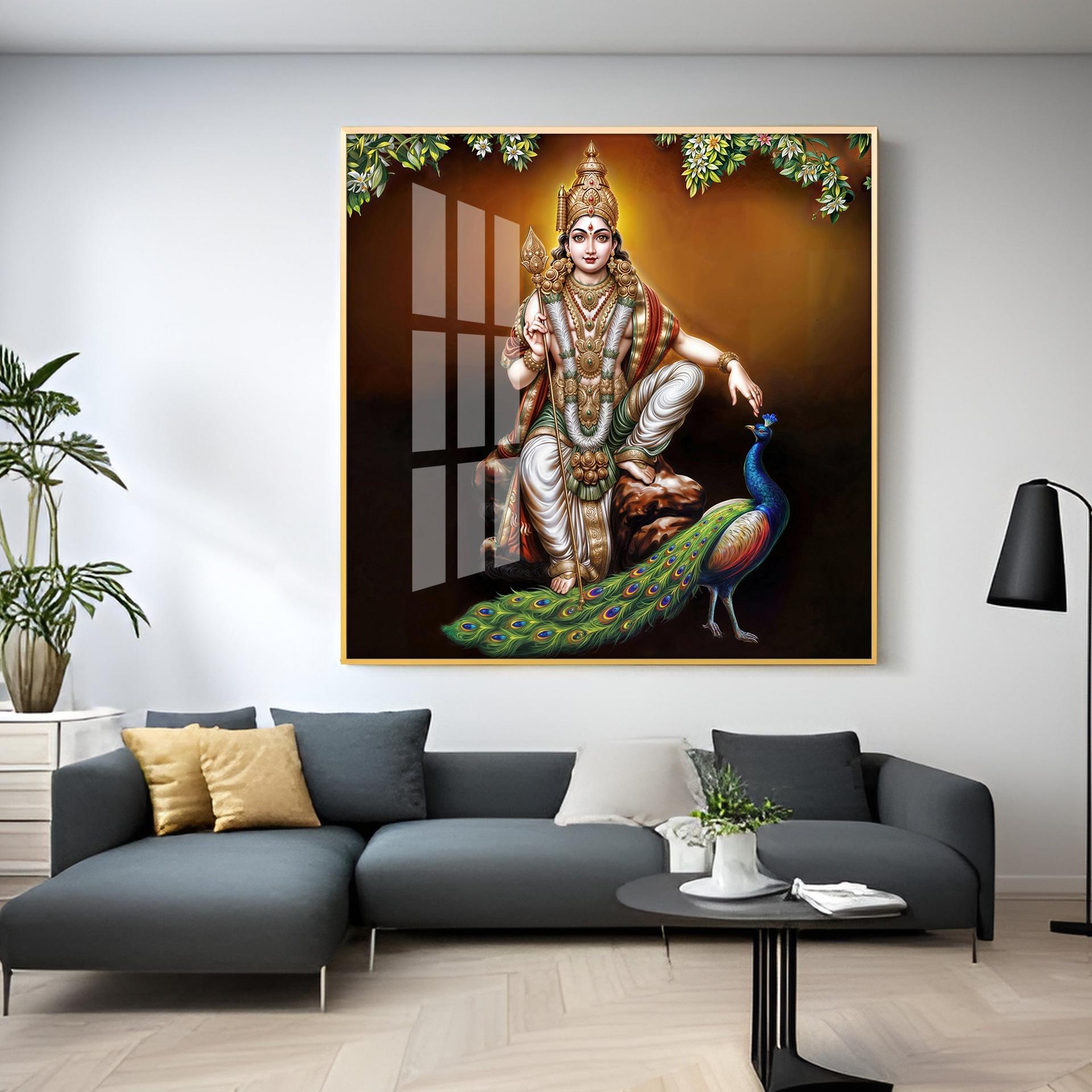 Lord Murugan With Peacock Premium Acrylic Square Wall Art - Image 9