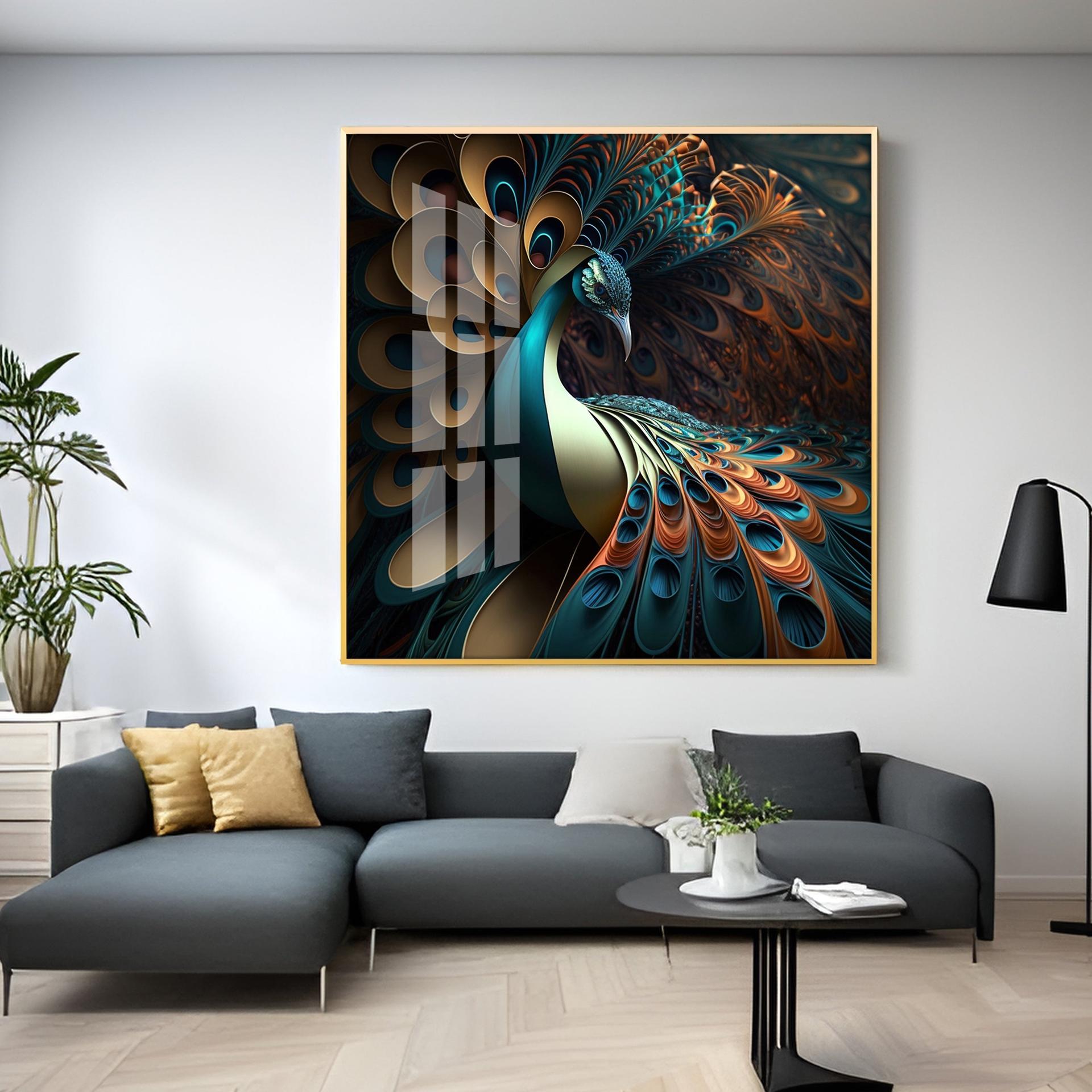 Peacock Is Shown With Large Feather Premium Acrylic Square Wall Art - Image 8