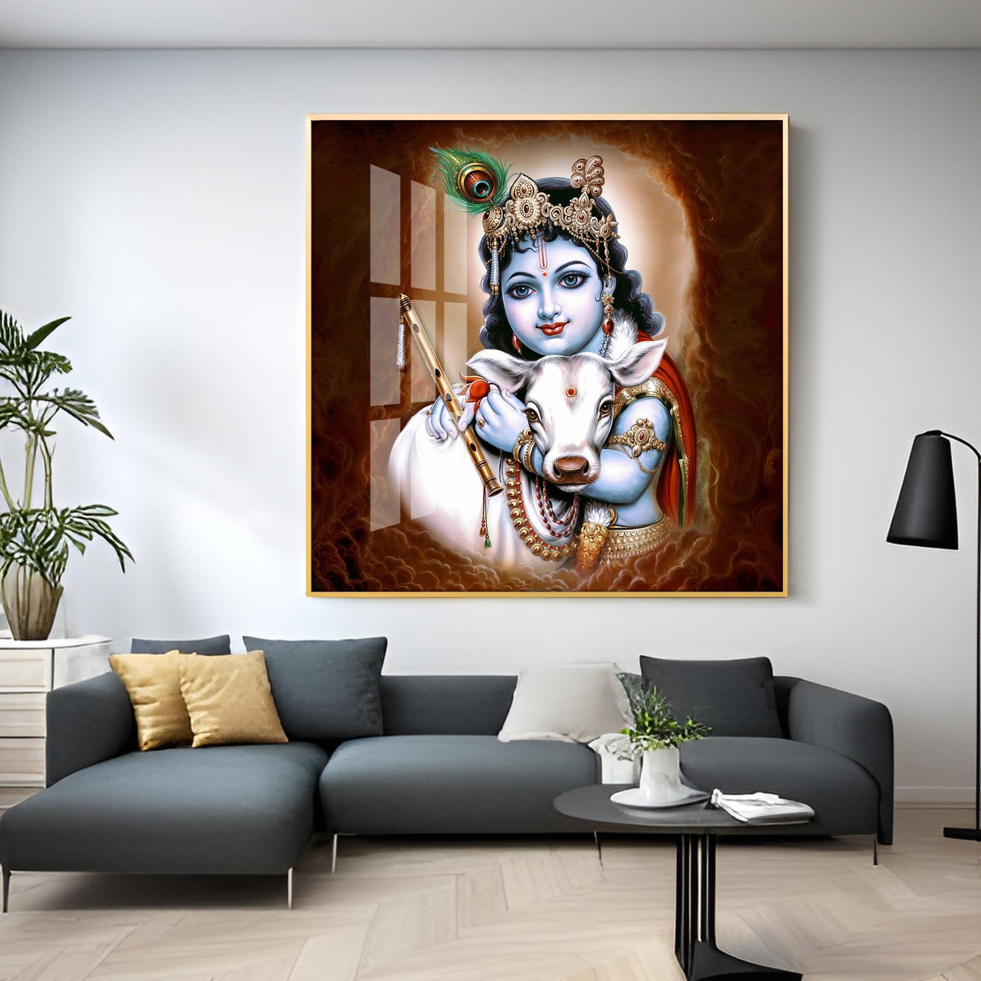 Krishna With Bansuri & Cow Premium Acrylic Horizontal Wall Art - Image 13