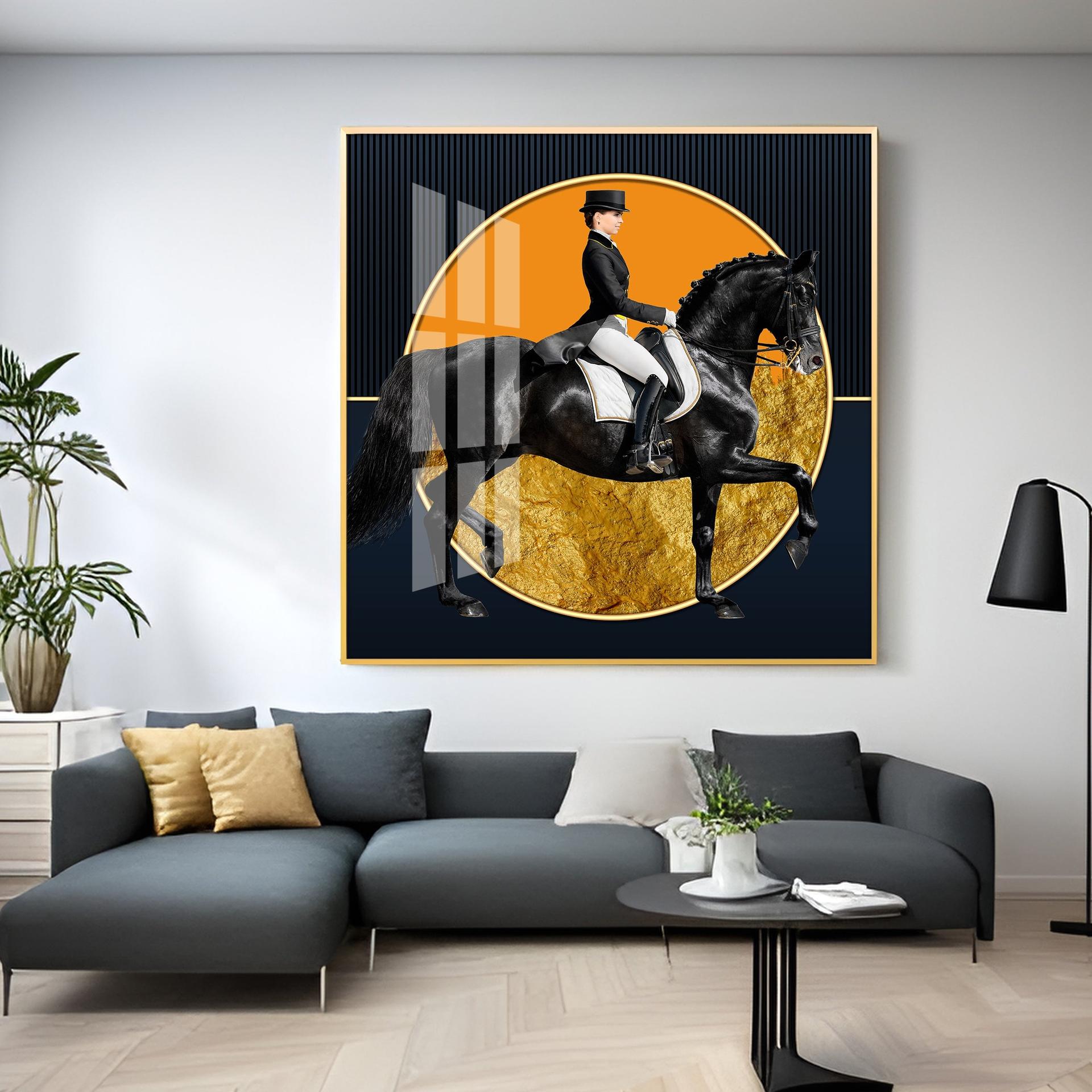 Man Riding On Black Horse Premium Acrylic Square Wall Art - Image 9
