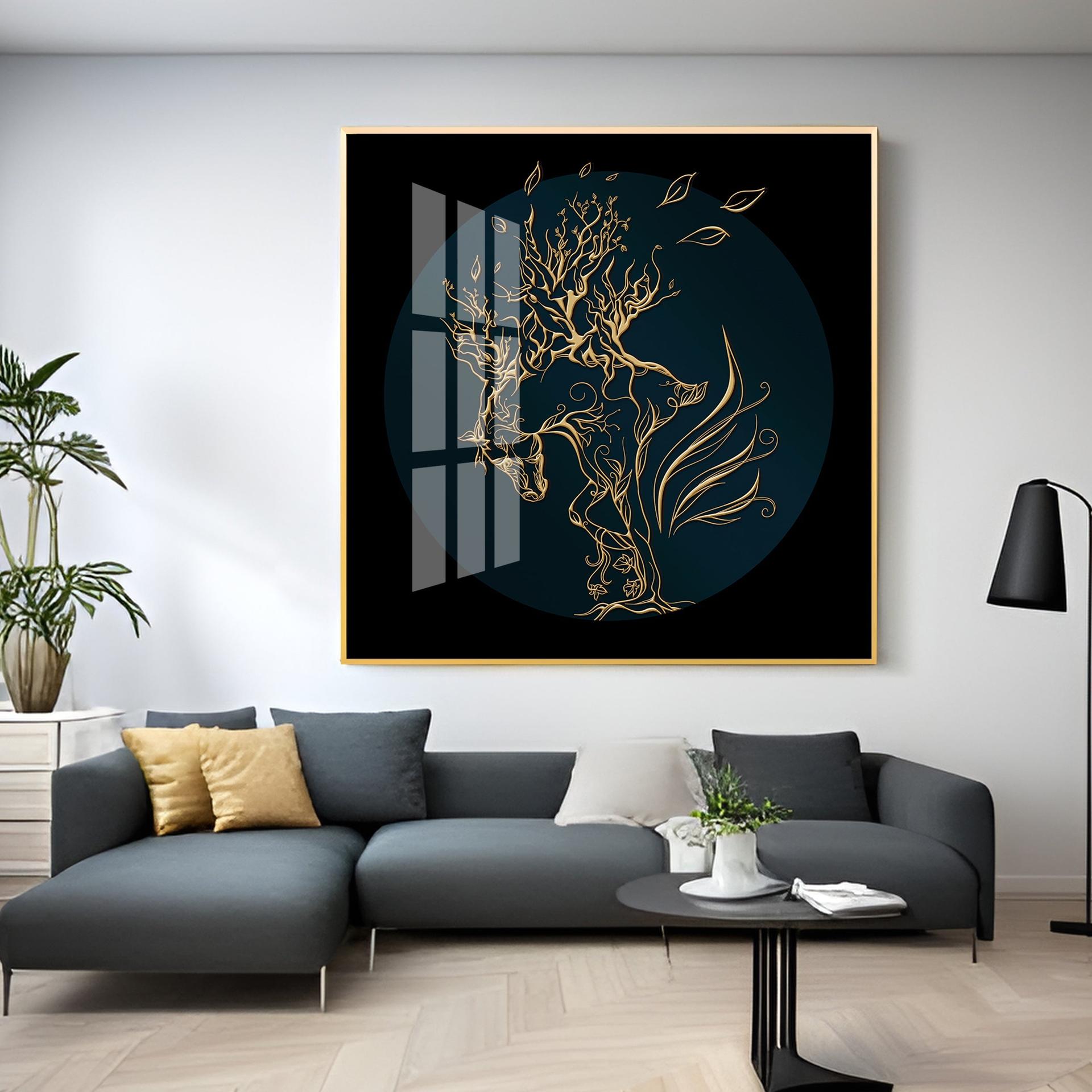Golden Horse Lines Abstract Premium Acrylic Square Wall Art - Image 14