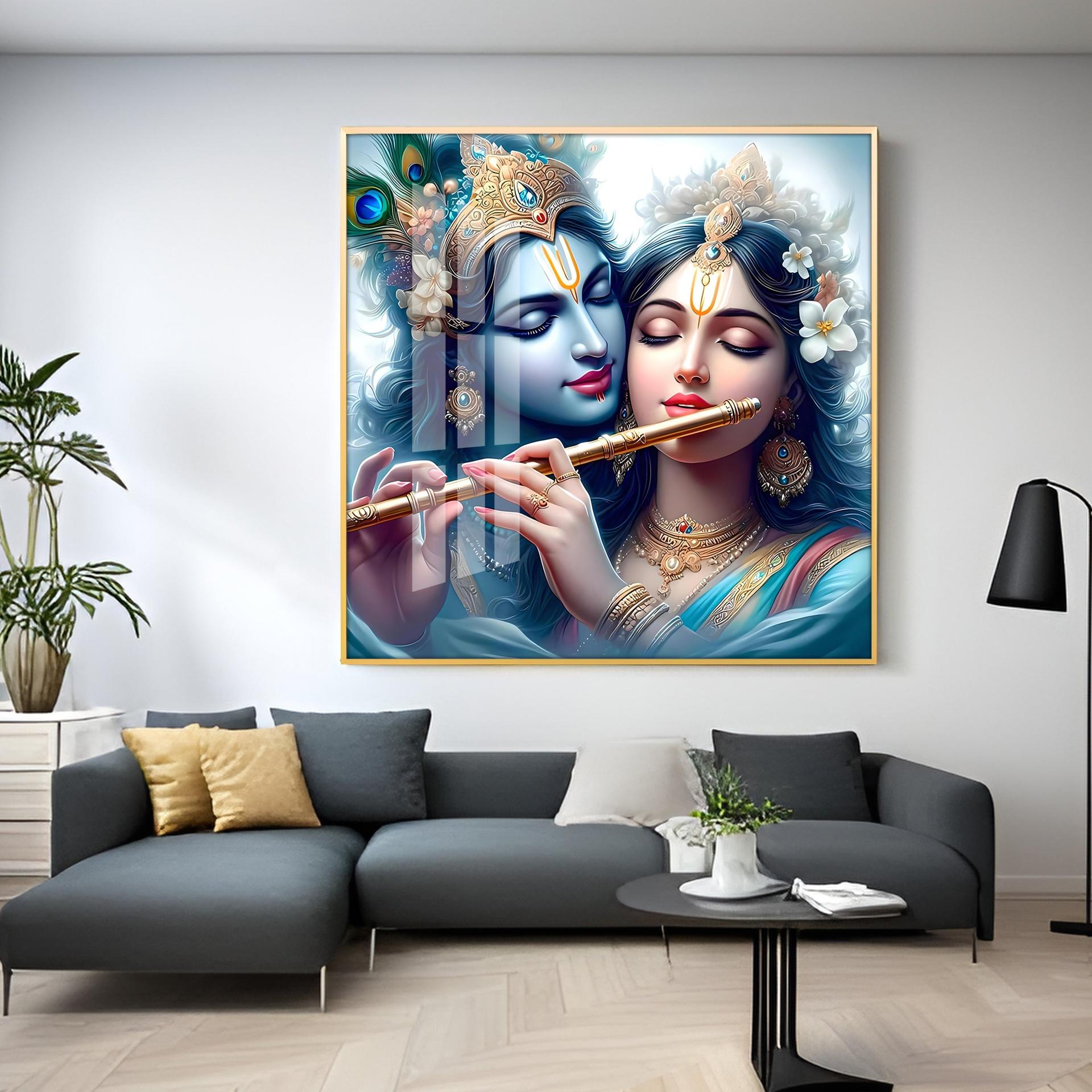 Radha Krishna With Flute Premium Acrylic Square Wall Art - Image 11
