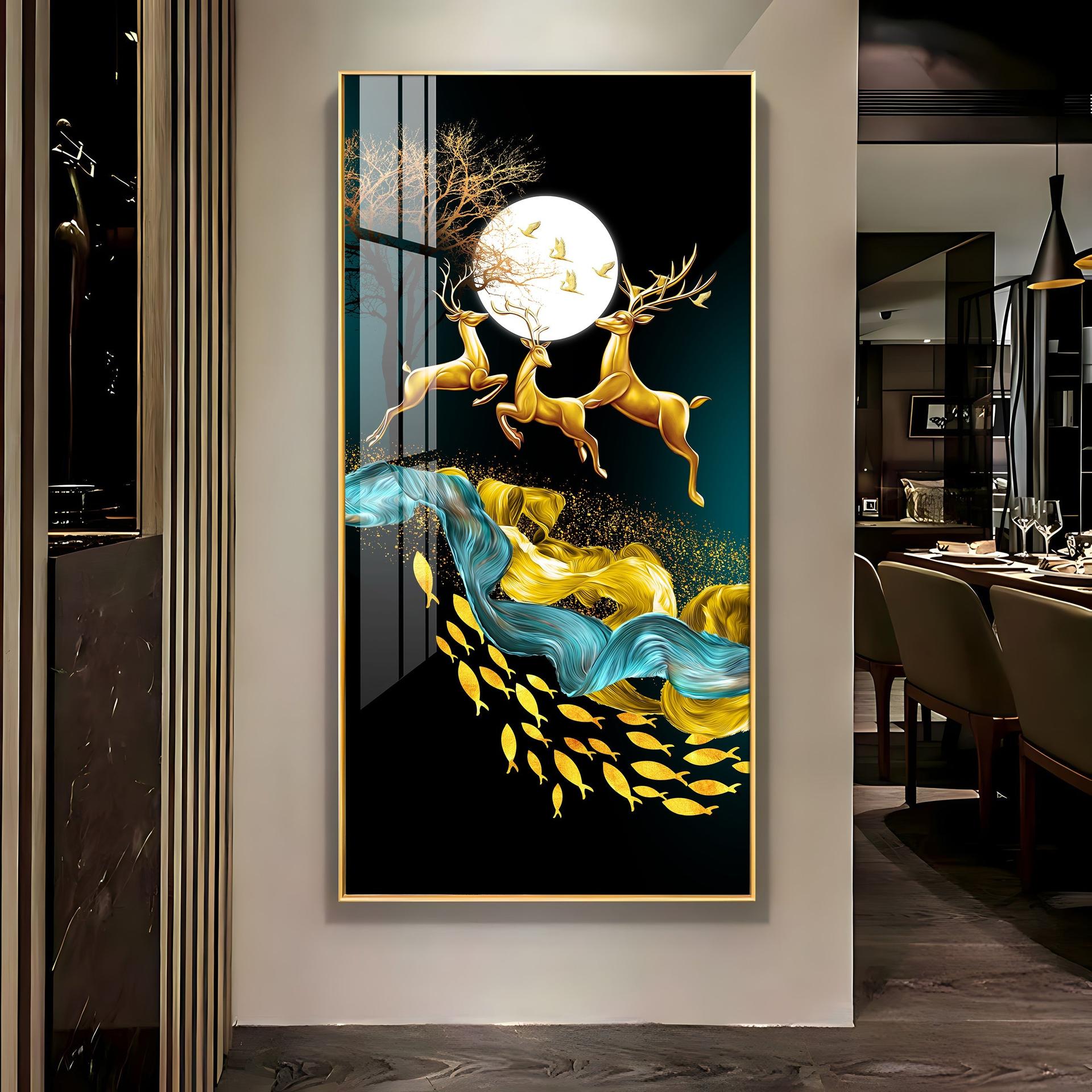 Jolly Deers With Koi Fish Luxury Crystal Vertical Wall Art - Image 2