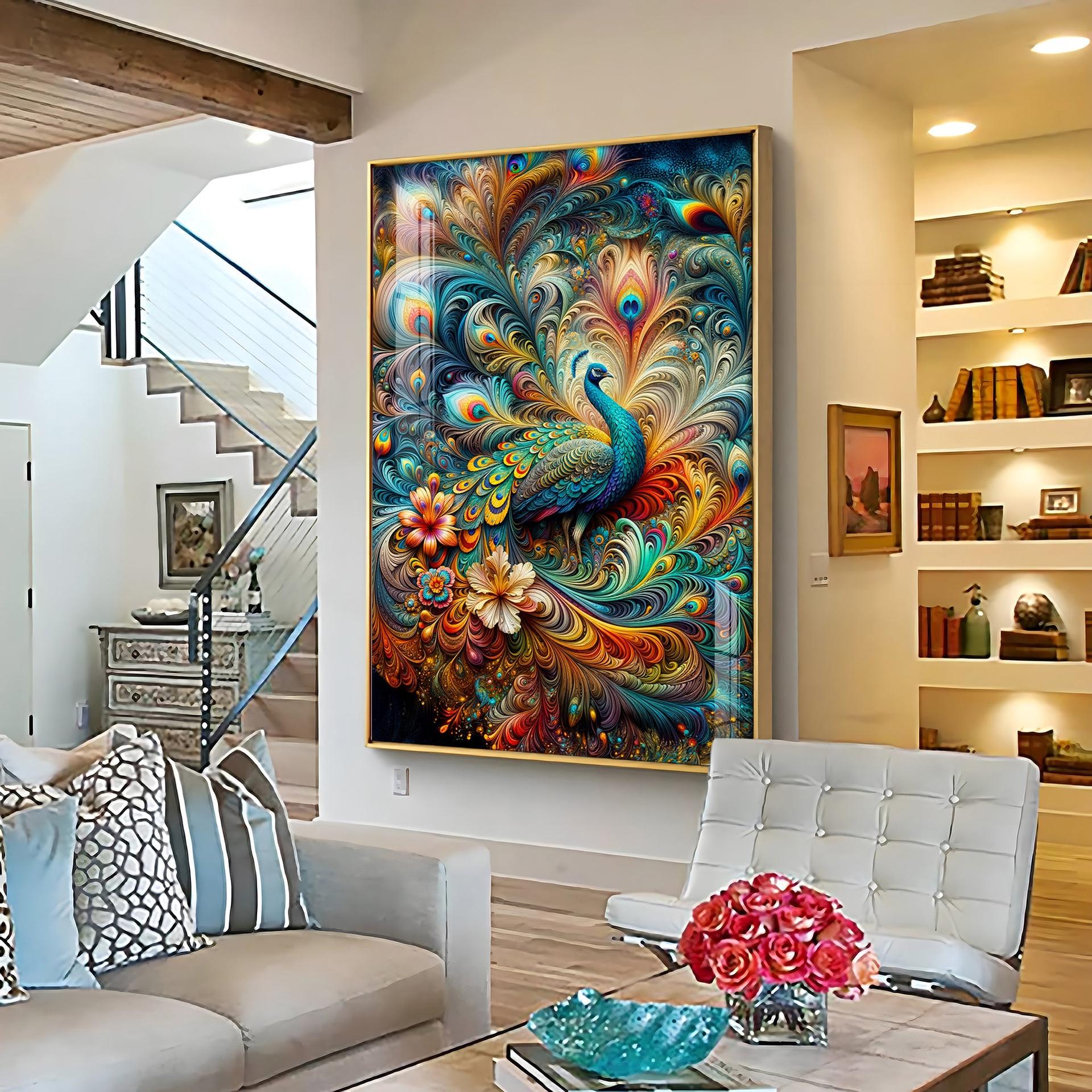 Chromatic Peacock Elegance Luxury Crystal Vertical Wall Art - Image 5