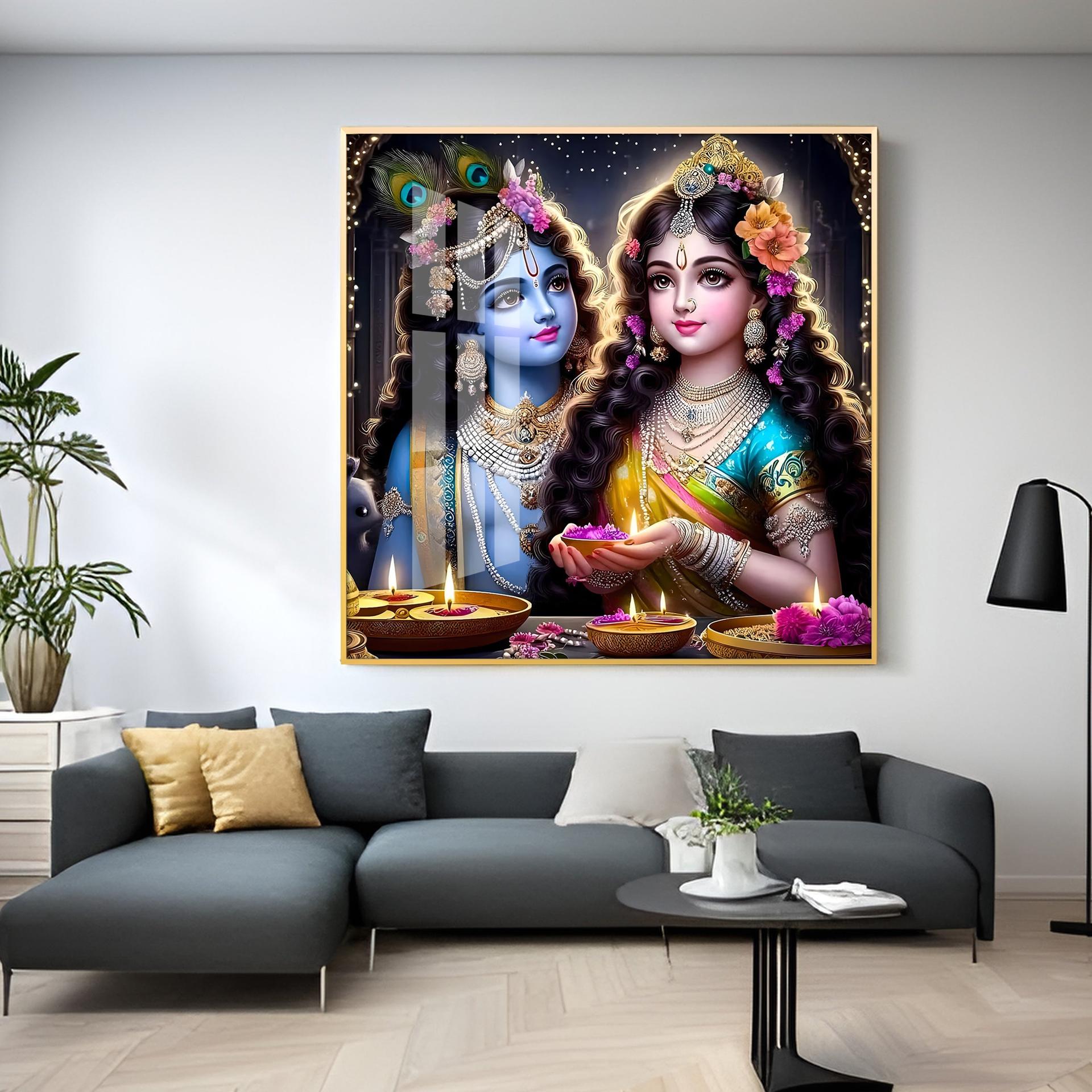 Glowing Krishna Radha Premium Acrylic Square Wall Art - Image 6