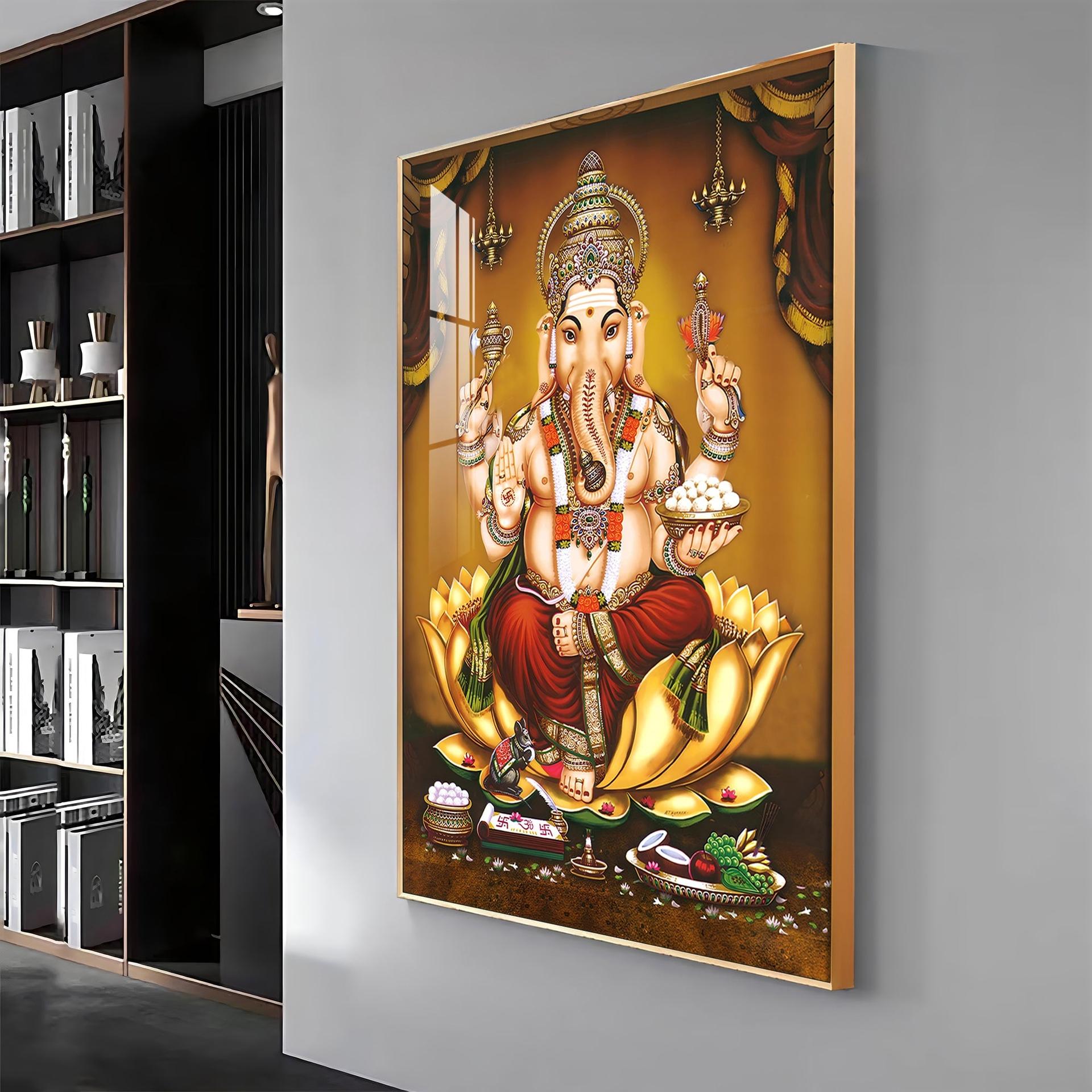 Lord Ganesha On Gold Lotus Premium Vertical Acrylic Wall Art - Image 2