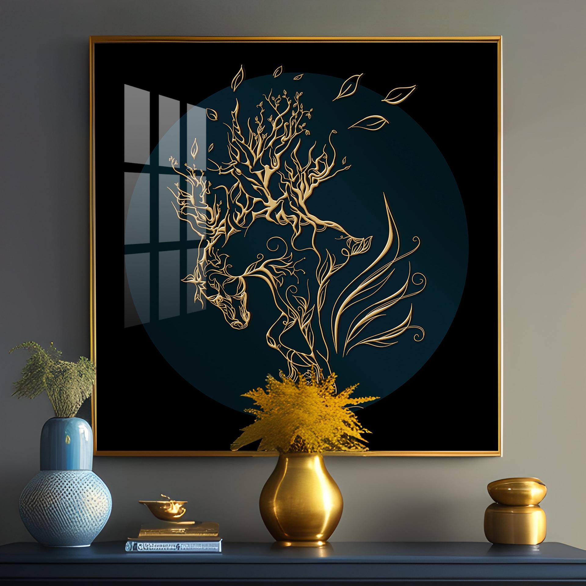 Golden Horse Lines Abstract Premium Acrylic Square Wall Art - Image 12