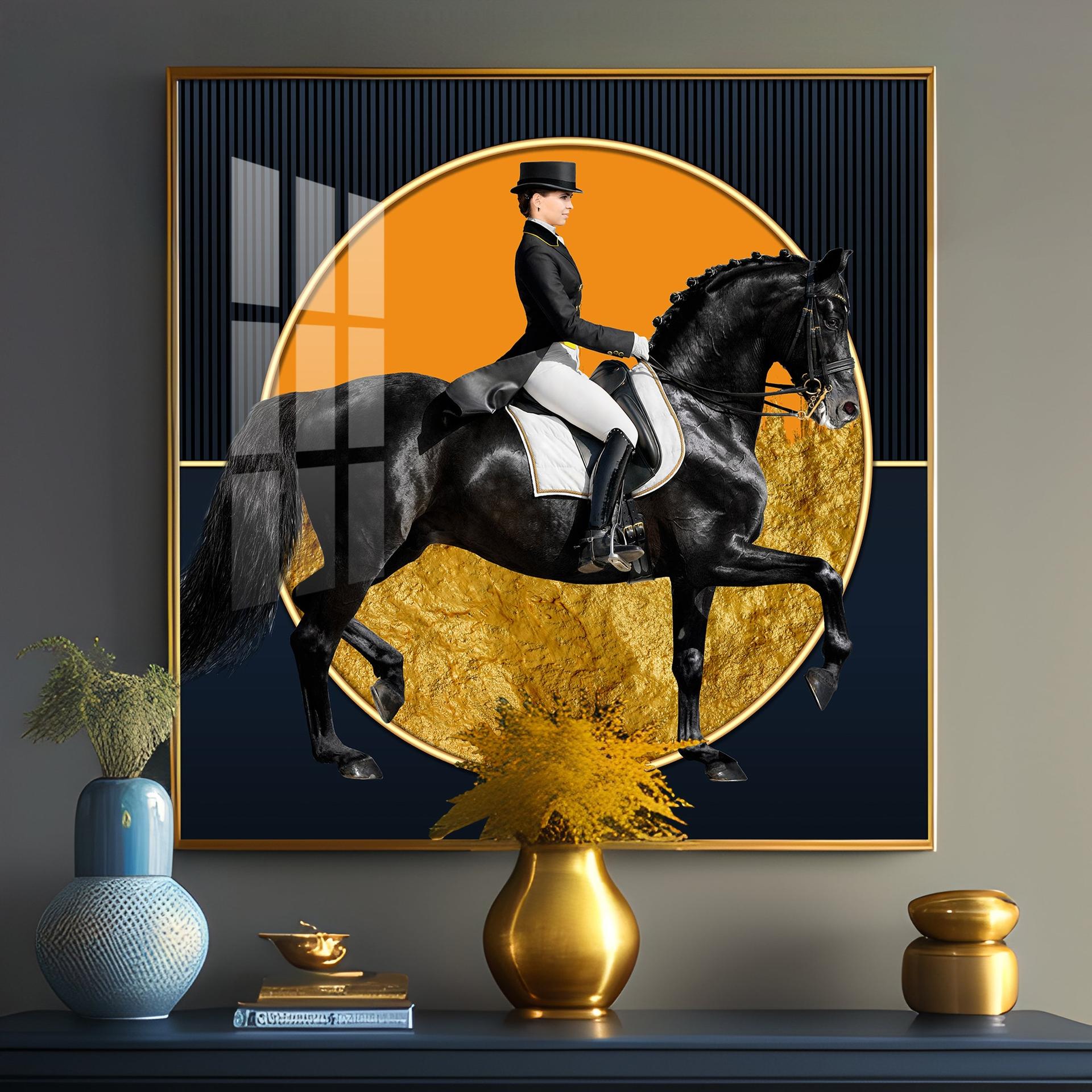 Man Riding On Black Horse Premium Acrylic Square Wall Art - Image 15