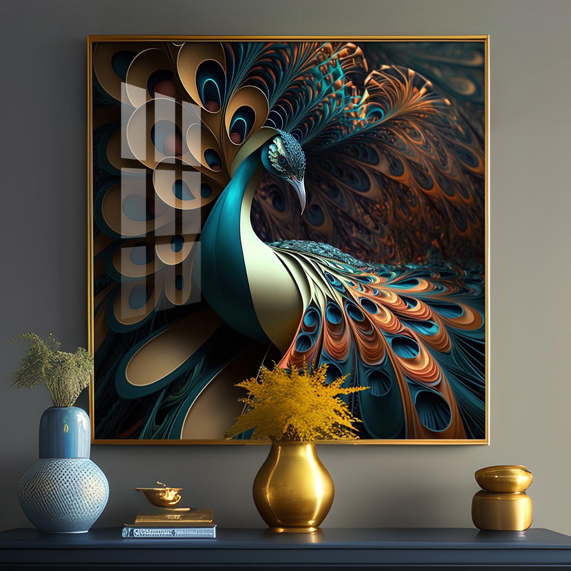 Peacock Is Shown With Large Feather Premium Acrylic Square Wall Art - Image 13
