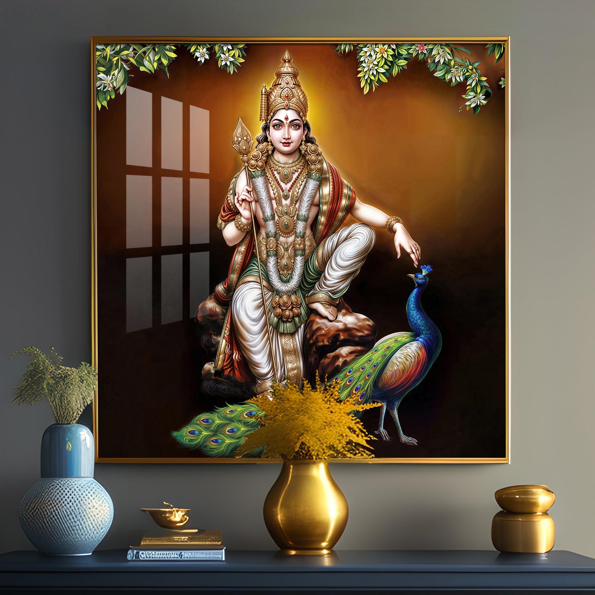 Lord Murugan With Peacock Premium Acrylic Square Wall Art - Image 15