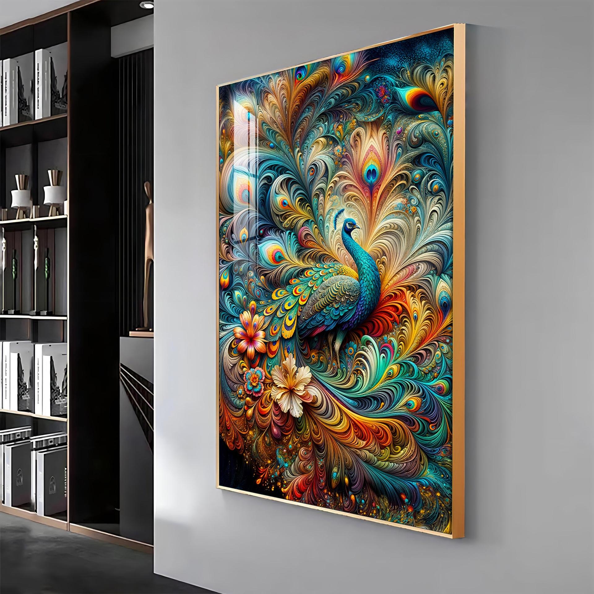 Chromatic Peacock Elegance Luxury Crystal Vertical Wall Art - Image 6