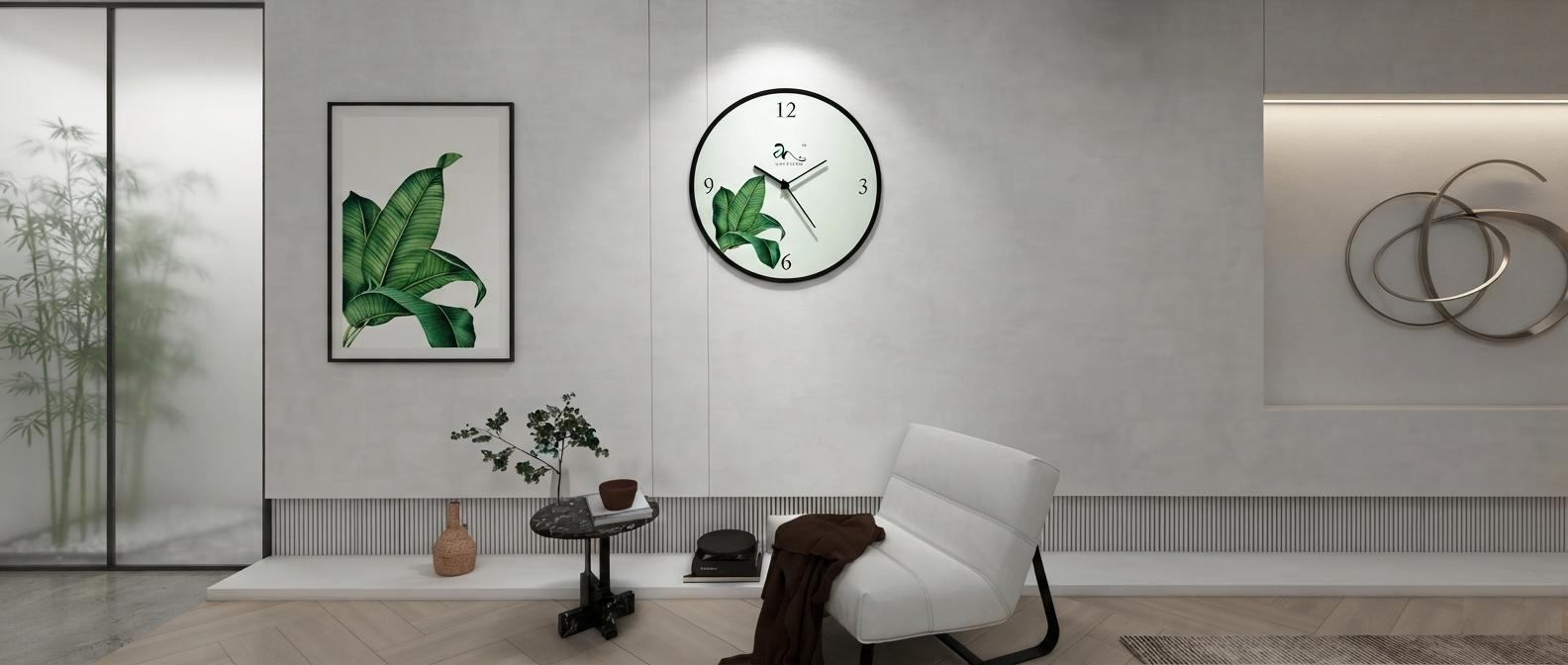 Handcrafted wooden wall decor and clocks styled in a warm Indian living room by Kriyanta