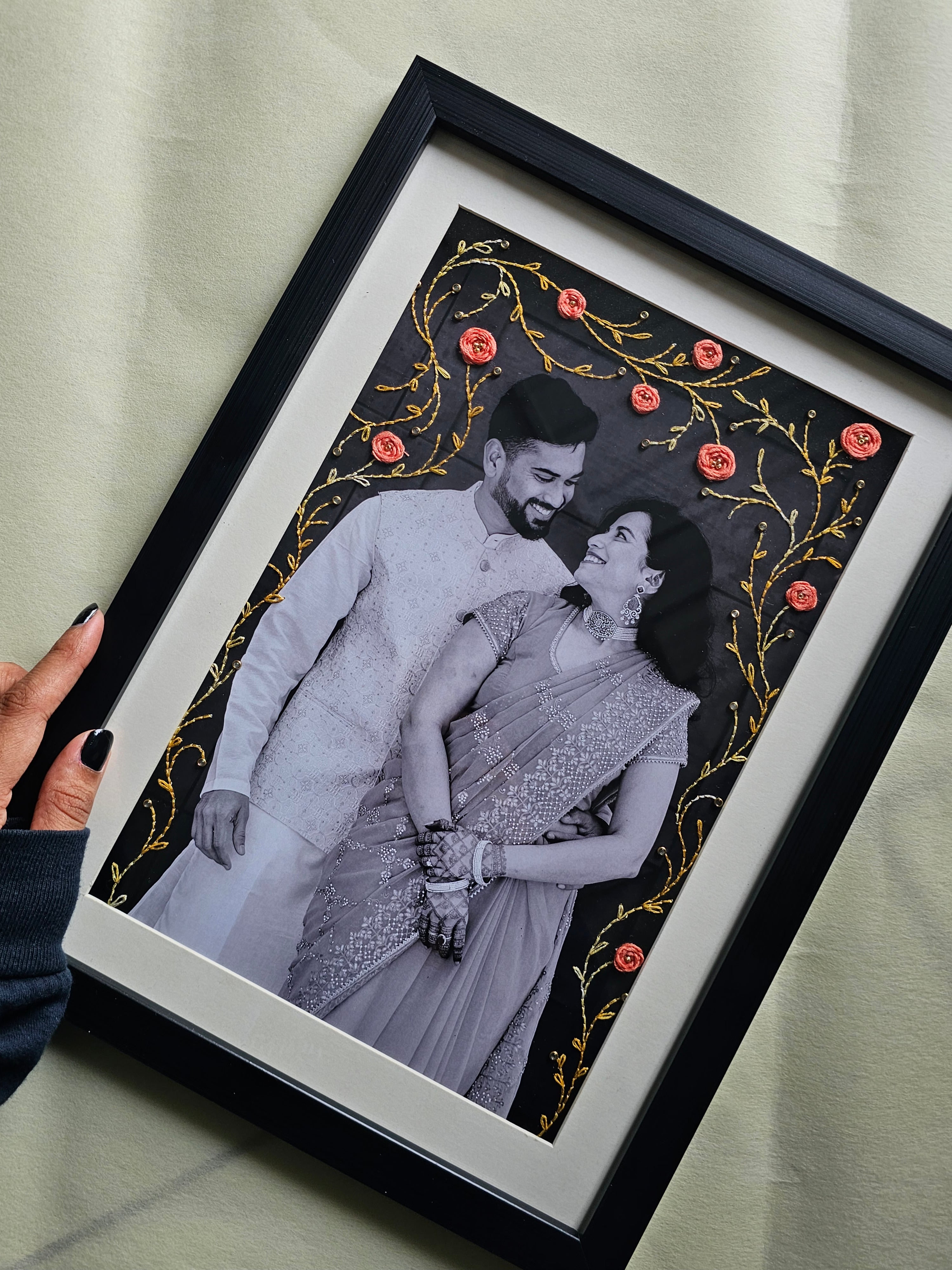 Hand-Embroidered Personalized Photo Frame – Custom Memory Art with Rare Indian Threadwork (A5/A4/A3 Sizes)