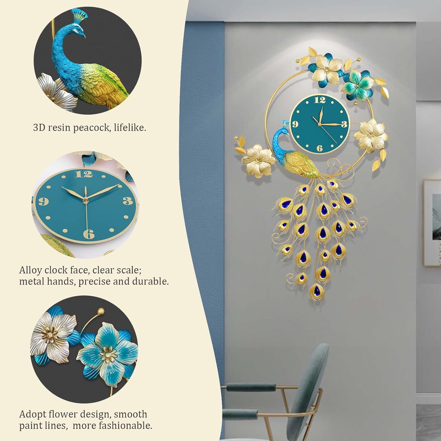 VERTICAL PEACOCK WALL CLOCK ART