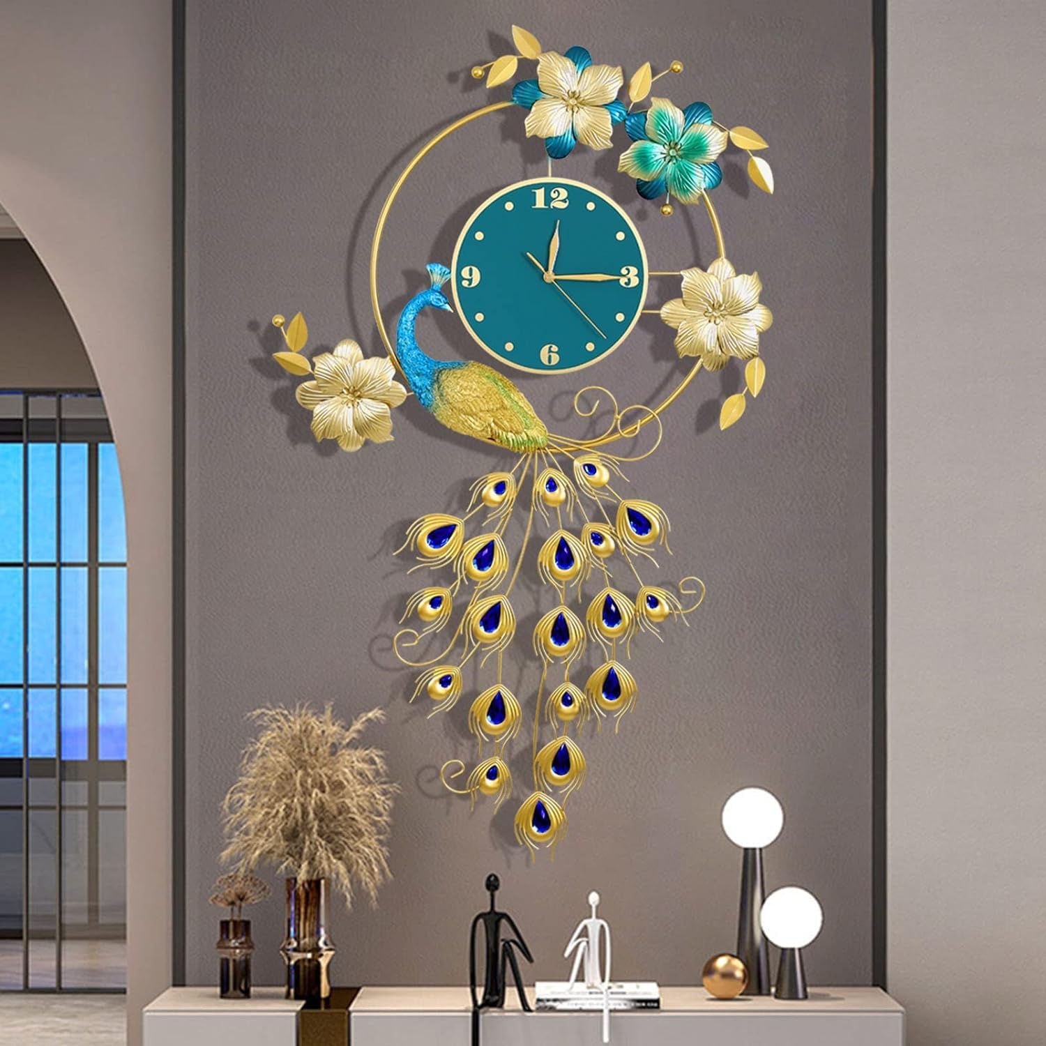 VERTICAL PEACOCK WALL CLOCK ART