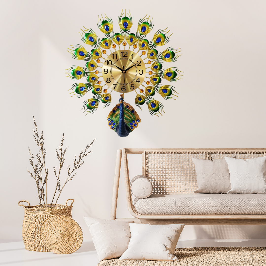 OPEN FEATHER PEACOCK WALL CLOCK